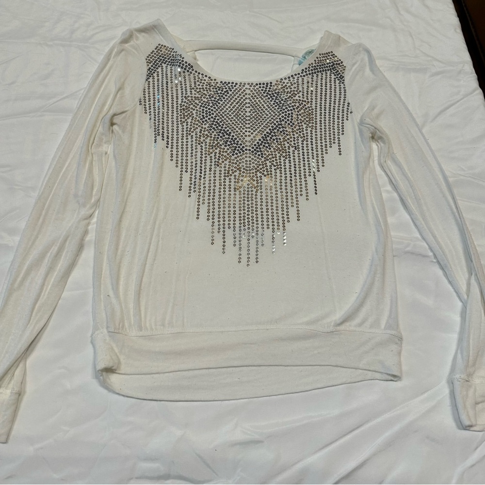 Elegant White Long Sleeve Top with Silver Accents